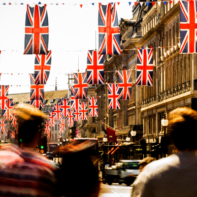 british flags lining a london street